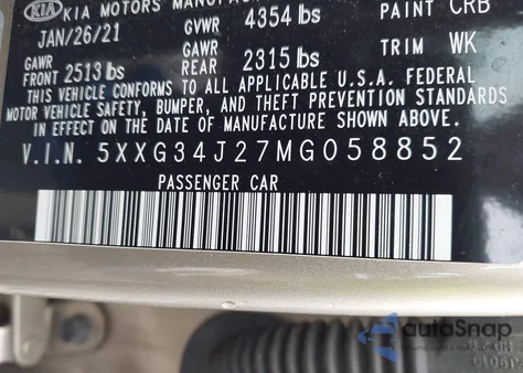 2021 Kia K5 Ex z USA, uszkodzony, nr VIN 5XXG34J27MG058852